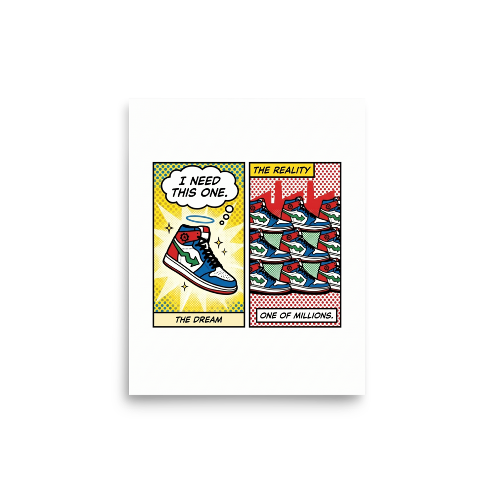 'The Sneaker Illusion' — a Pop art print. A pop art diptych contrasting a single glowing sneaker with a mass-produced pile, making an energetic statement for a Game Room.