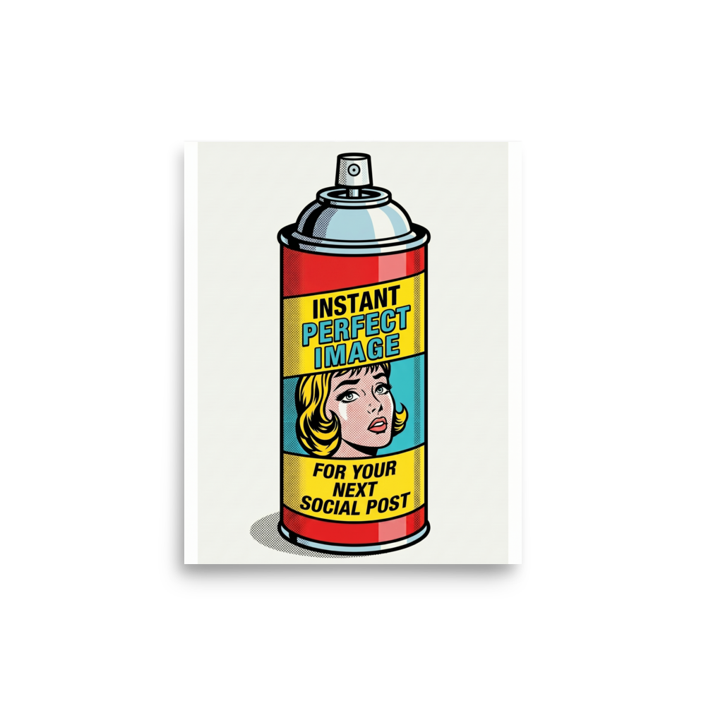 'Canned Perfection' — a Pop art print. A vintage spray can labeled 'Instant Perfect Image' featuring a crying comic woman, adding ironic charm to an Office or Bedroom.