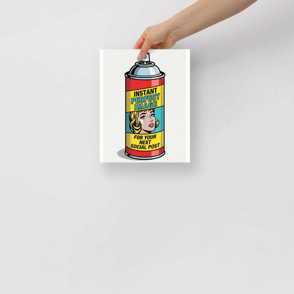 'Canned Perfection' — a Pop art print. A vintage spray can labeled 'Instant Perfect Image' featuring a crying comic woman, adding ironic charm to an Office or Bedroom.