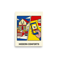 'Modern Comforts' — a Pop art print. A comic-style pop art illustration contrasting a crying mortgaged house with a smartphone shopping app, perfect for a modern office.