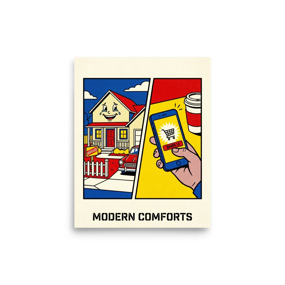 'Modern Comforts' — a Pop art print. A comic-style pop art illustration contrasting a crying mortgaged house with a smartphone shopping app, perfect for a modern office.
