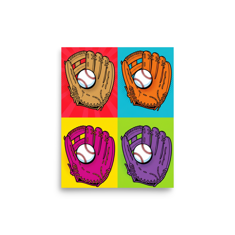 'Four Seam Pop' — a Pop art print. A pop art grid of four baseball gloves in different vibrant colors against contrasting backgrounds, a great addition to a game room.