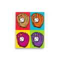 'Four Seam Pop' — a Pop art print. A pop art grid of four baseball gloves in different vibrant colors against contrasting backgrounds, a great addition to a game room.