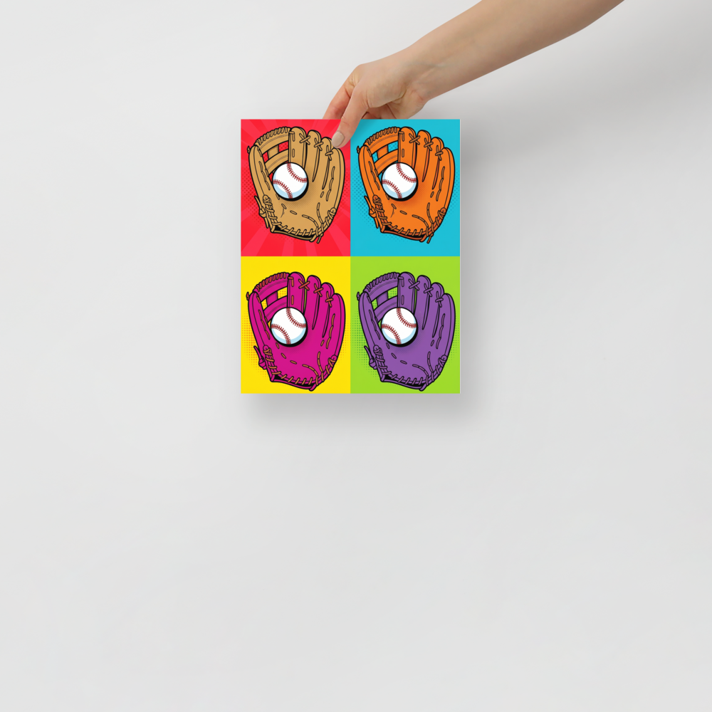 'Four Seam Pop' — a Pop art print. A pop art grid of four baseball gloves in different vibrant colors against contrasting backgrounds, a great addition to a game room.