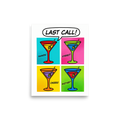 'Last Call' — a Pop art print. A retro pop art grid of four colorful martini glasses with comic text like shaken and stirred, perfect for a home bar.