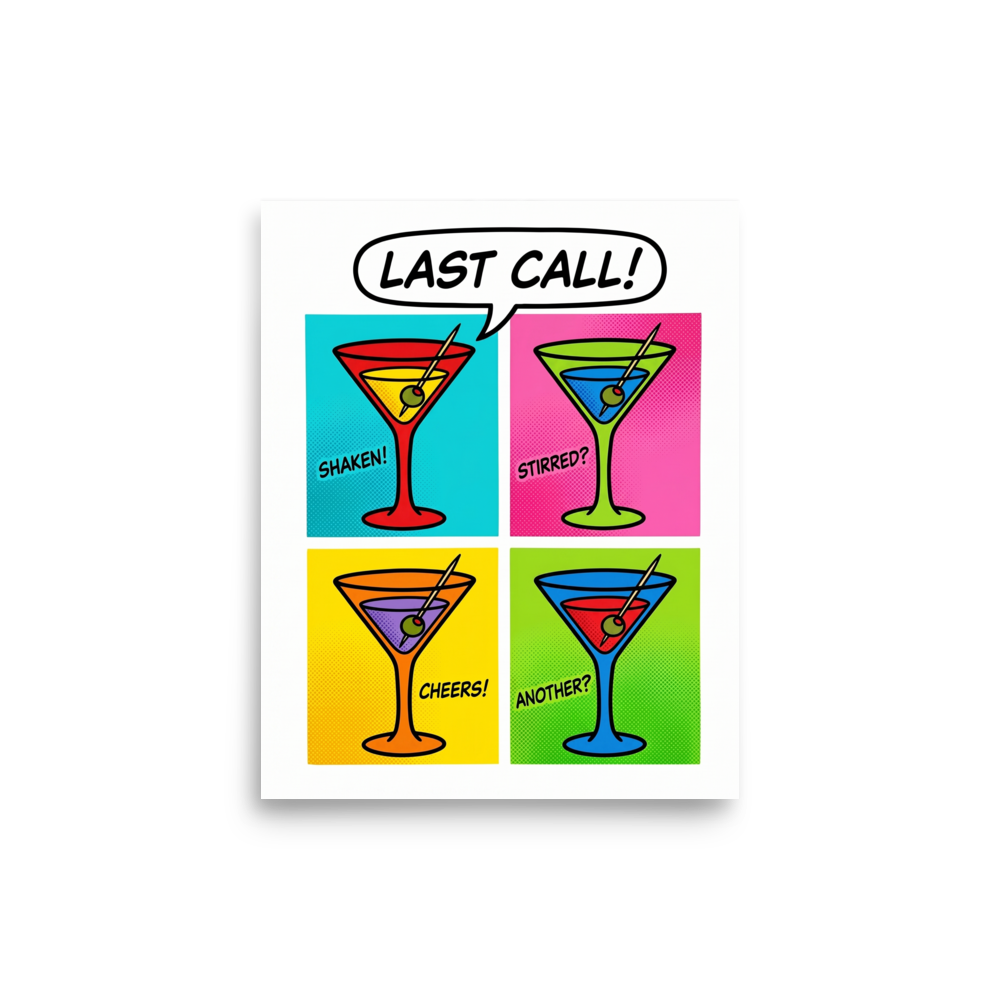 'Last Call' — a Pop art print. A retro pop art grid of four colorful martini glasses with comic text like shaken and stirred, perfect for a home bar.