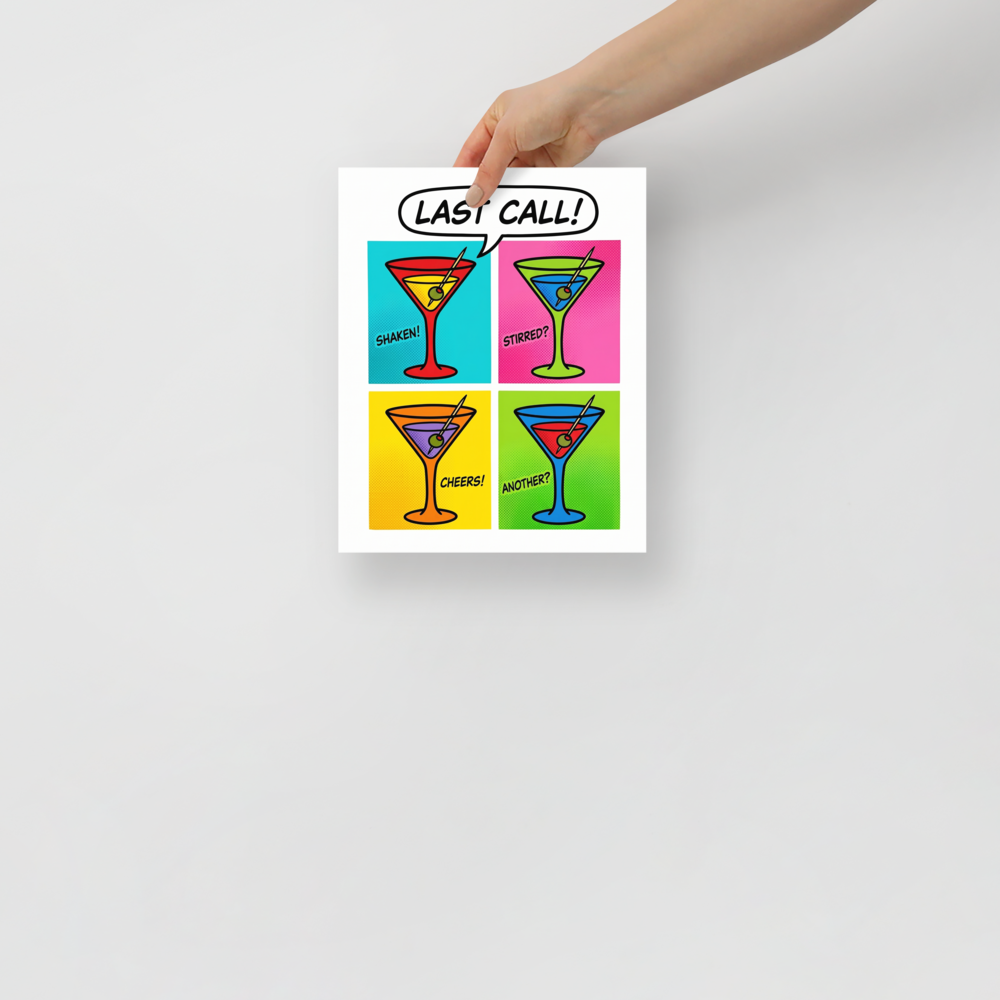 'Last Call' — a Pop art print. A retro pop art grid of four colorful martini glasses with comic text like shaken and stirred, perfect for a home bar.