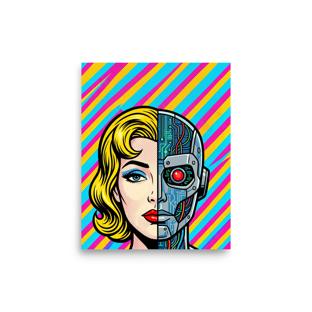 'Synthetic Beauty' — a Pop art print. A split portrait showing a vintage comic book woman on one side and a robotic cyborg face on the other, an intriguing piece for a modern office.