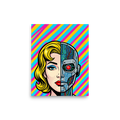 'Synthetic Beauty' — a Pop art print. A split portrait showing a vintage comic book woman on one side and a robotic cyborg face on the other, an intriguing piece for a modern office.