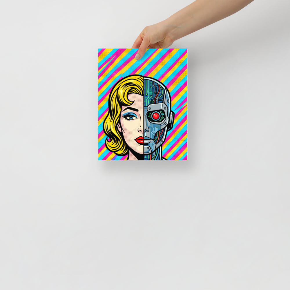 'Synthetic Beauty' — a Pop art print. A split portrait showing a vintage comic book woman on one side and a robotic cyborg face on the other, an intriguing piece for a modern office.