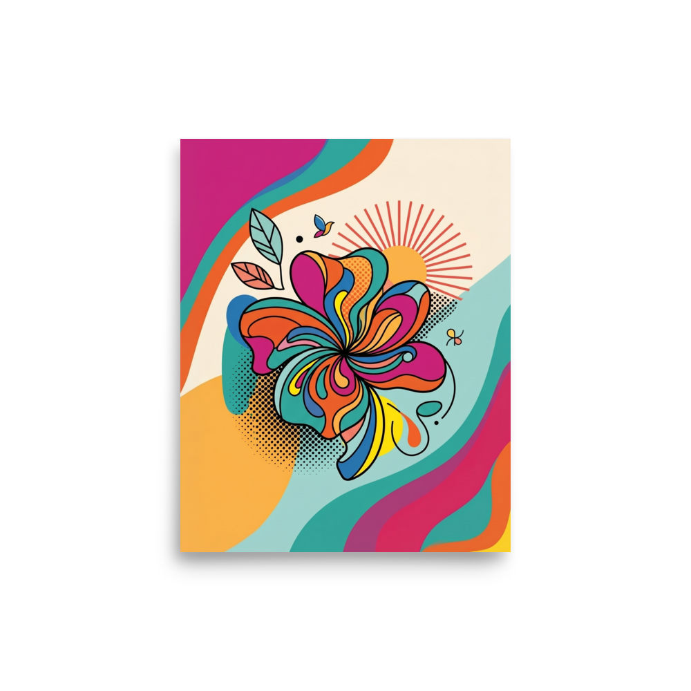 'Psychedelic Petals' — a Pop art print. A psychedelic, pop art illustration of a flower with vibrant, wavy petals, perfect for adding energy to a game room.