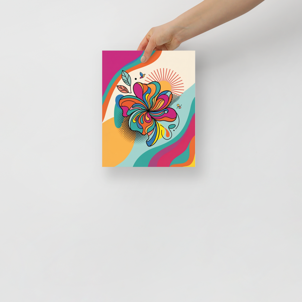 'Psychedelic Petals' — a Pop art print. A psychedelic, pop art illustration of a flower with vibrant, wavy petals, perfect for adding energy to a game room.