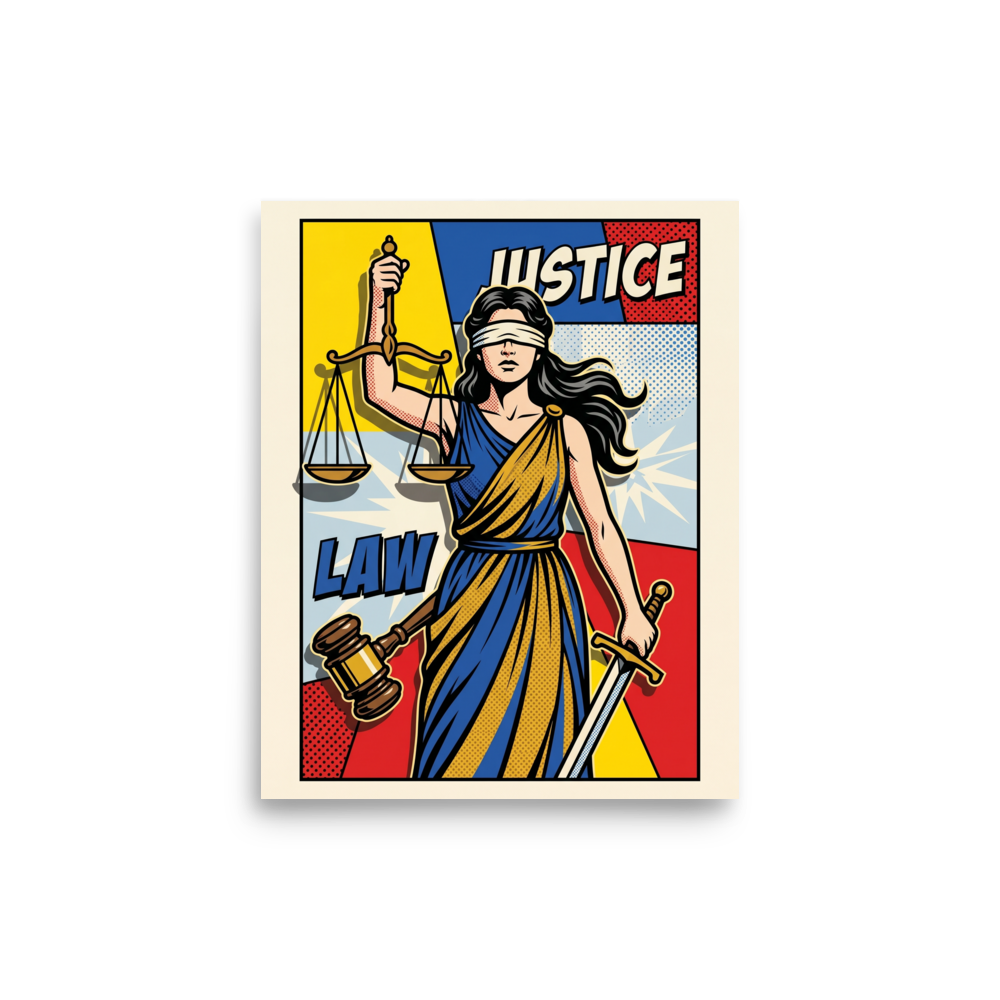 'Pop Art Justice' — a Pop art print. A bold, pop art illustration of Lady Justice holding scales and a sword, an excellent addition to an office.