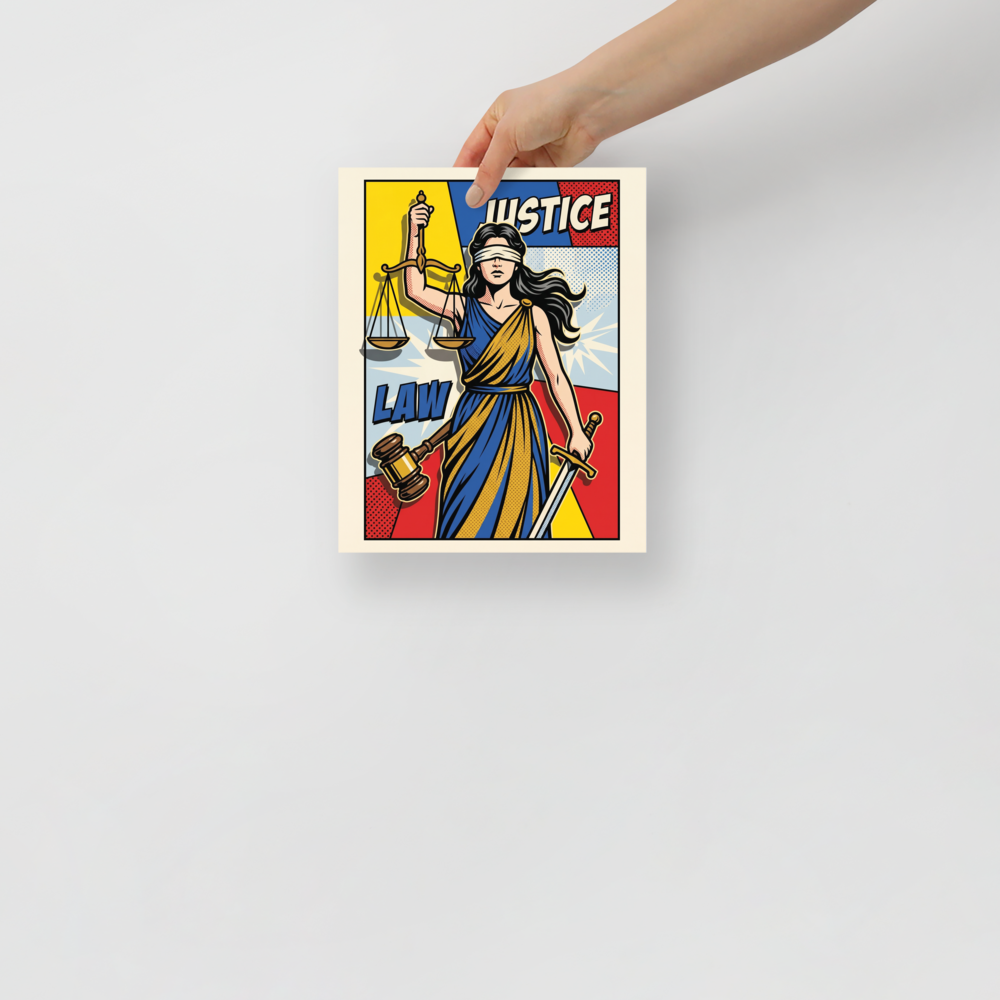 'Pop Art Justice' — a Pop art print. A bold, pop art illustration of Lady Justice holding scales and a sword, an excellent addition to an office.