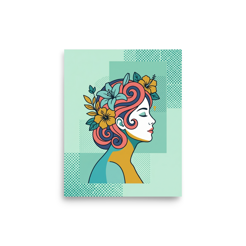 'Tropical Flow' — a Pop art print. A stylized pop art profile of a woman with flowing hair and tropical flowers, adding a dreamy touch to a bedroom.