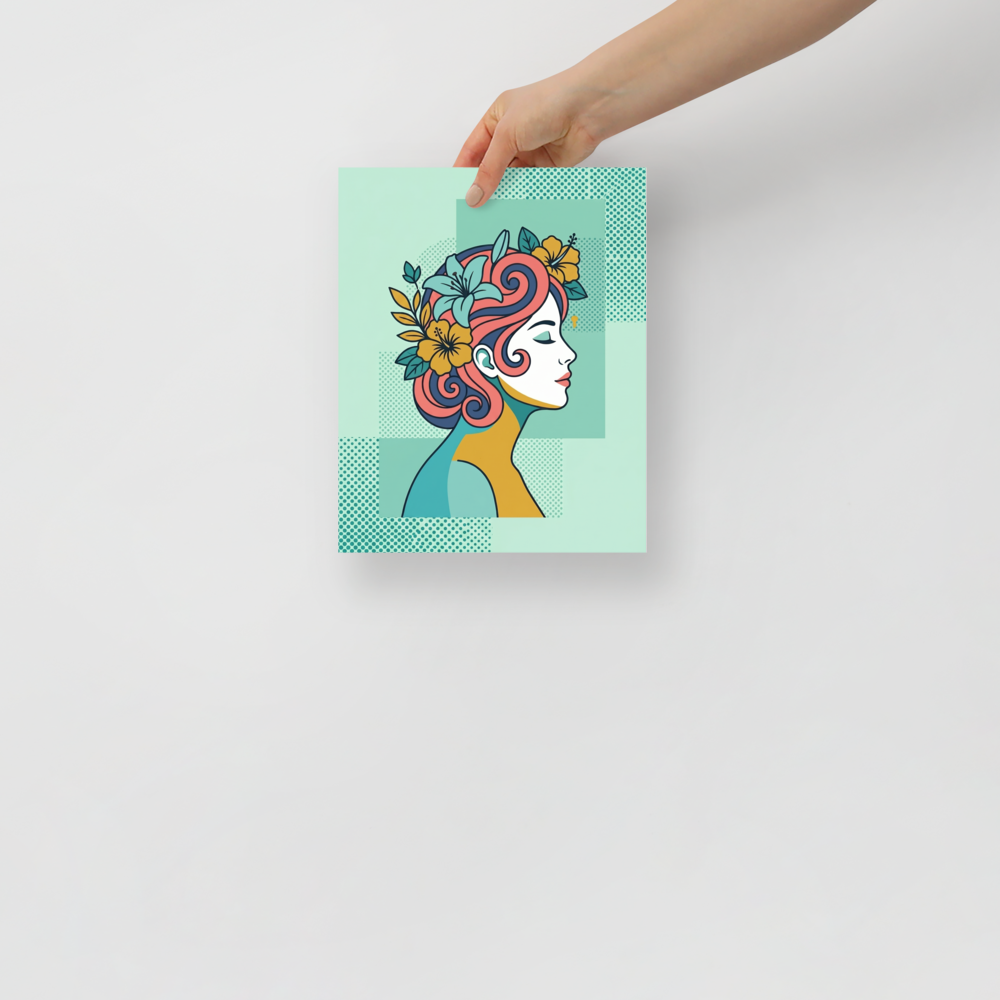 'Tropical Flow' — a Pop art print. A stylized pop art profile of a woman with flowing hair and tropical flowers, adding a dreamy touch to a bedroom.