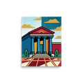 'Pop Art Courthouse' — a Pop art print. A colorful, pop art illustration of a classical courthouse building with halftone patterns, ideal for a home office.