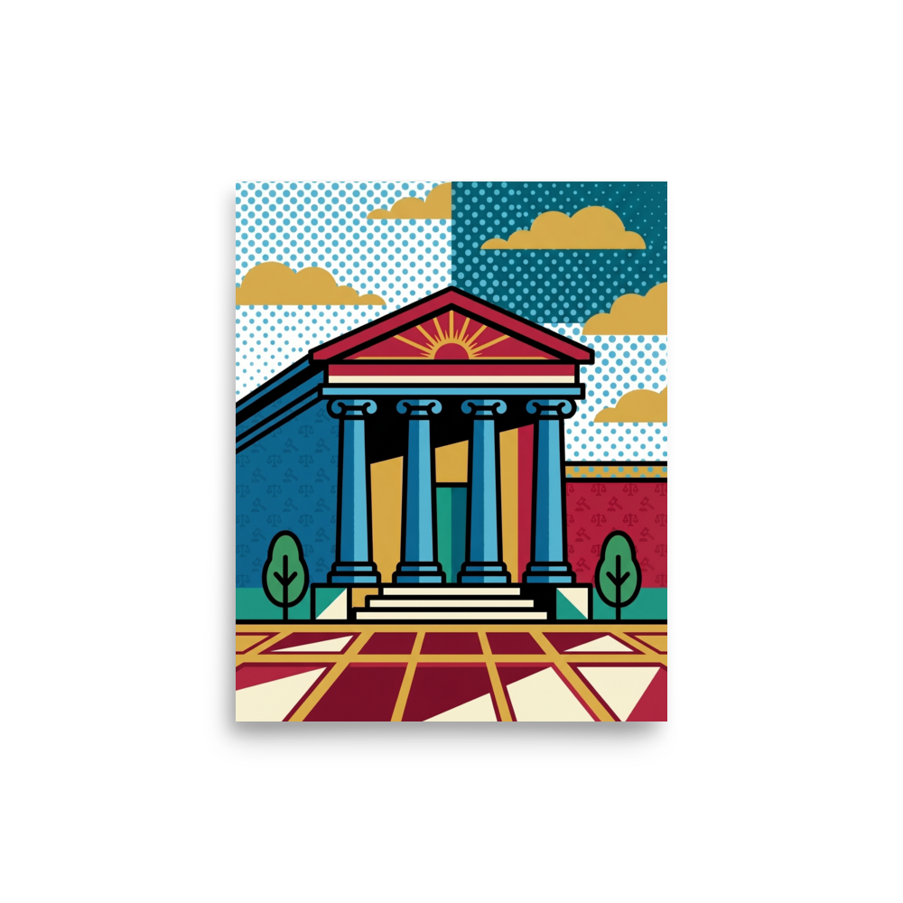 'Pop Art Courthouse' — a Pop art print. A colorful, pop art illustration of a classical courthouse building with halftone patterns, ideal for a home office.