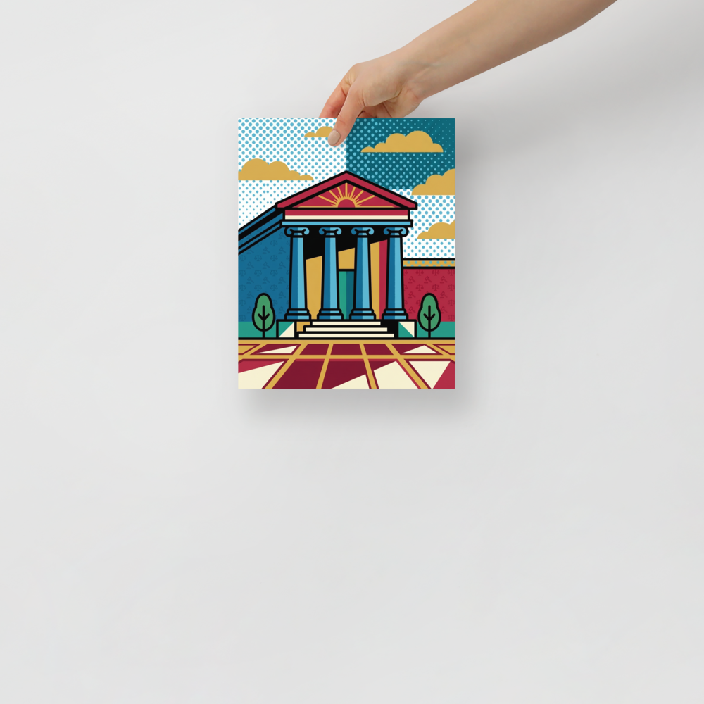 'Pop Art Courthouse' — a Pop art print. A colorful, pop art illustration of a classical courthouse building with halftone patterns, ideal for a home office.