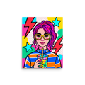 'Boba Pop' — a Pop art print. A vibrant pop art portrait of a woman with pink hair drinking bubble tea, a lively piece for a game room.