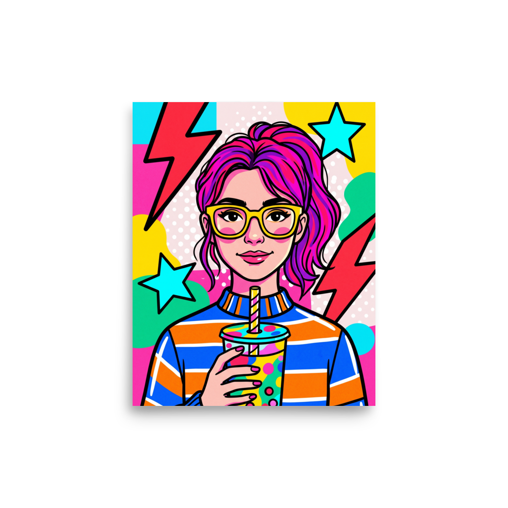 'Boba Pop' — a Pop art print. A vibrant pop art portrait of a woman with pink hair drinking bubble tea, a lively piece for a game room.