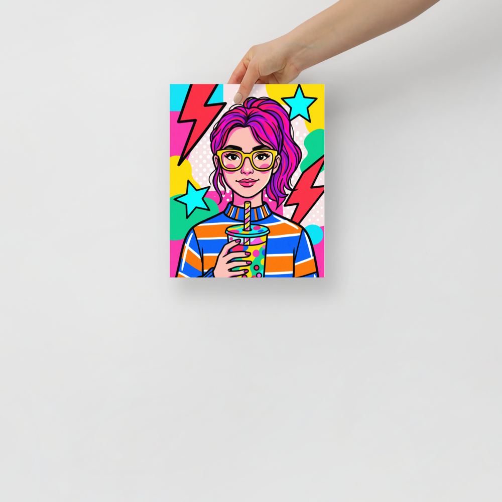'Boba Pop' — a Pop art print. A vibrant pop art portrait of a woman with pink hair drinking bubble tea, a lively piece for a game room.