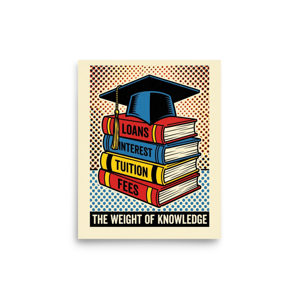 'The Weight of Knowledge' — a Pop art print. A bold pop art illustration of stacked books labeled with student expenses and a graduation cap, perfect for a library.