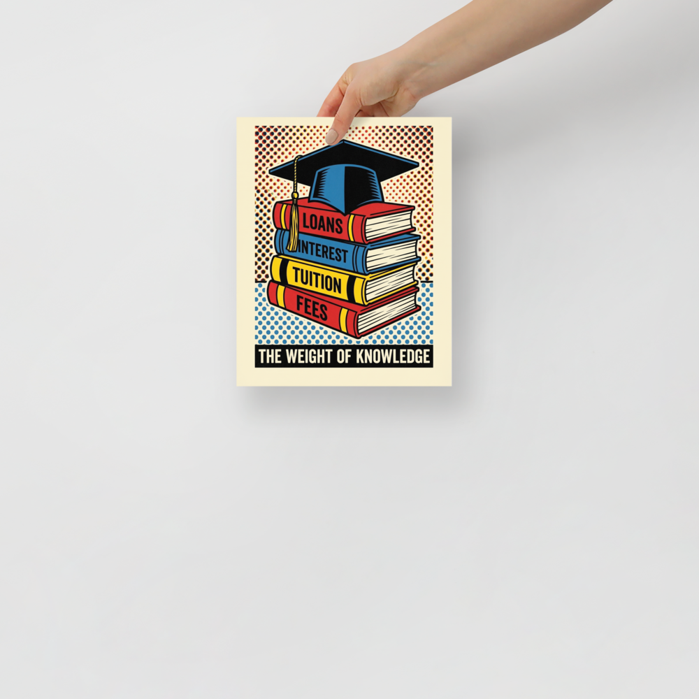 'The Weight of Knowledge' — a Pop art print. A bold pop art illustration of stacked books labeled with student expenses and a graduation cap, perfect for a library.