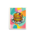 'Pop Pancakes' — a Pop art print. A colorful pop art illustration of a stack of pancakes with syrup and berries against a geometric background, perfect for a lively dining room.