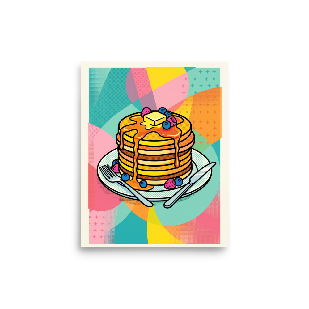 'Pop Pancakes' — a Pop art print. A colorful pop art illustration of a stack of pancakes with syrup and berries against a geometric background, perfect for a lively dining room.