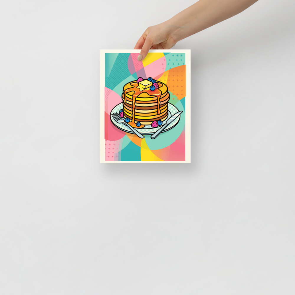 'Pop Pancakes' — a Pop art print. A colorful pop art illustration of a stack of pancakes with syrup and berries against a geometric background, perfect for a lively dining room.