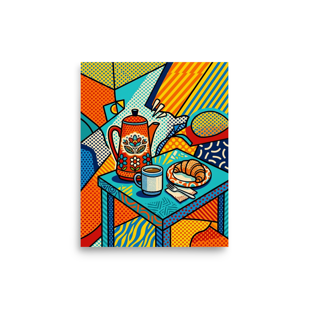 'Morning Halftone' — a Pop art,Cubism print. A vivid pop art still life featuring a floral coffee pot, mug, and croissant on a table, styled with halftone patterns for a modern kitchen.