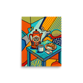'Morning Halftone' — a Pop art,Cubism print. A vivid pop art still life featuring a floral coffee pot, mug, and croissant on a table, styled with halftone patterns for a modern kitchen.