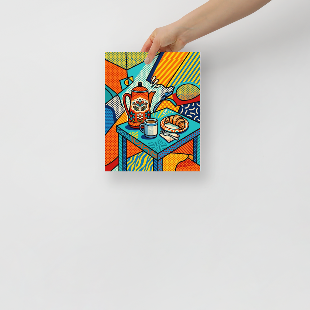 'Morning Halftone' — a Pop art,Cubism print. A vivid pop art still life featuring a floral coffee pot, mug, and croissant on a table, styled with halftone patterns for a modern kitchen.