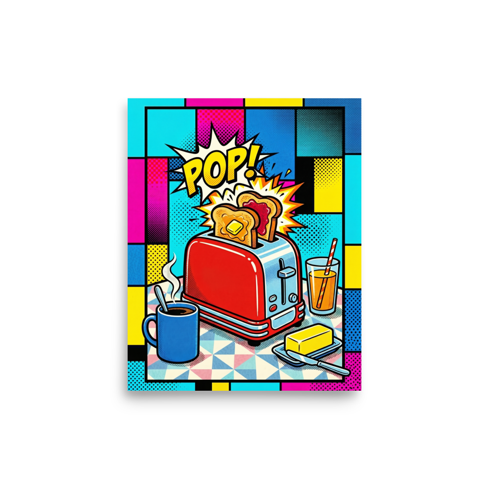 'Pop Goes the Toast' — a Pop art print. A colorful pop art image featuring a red toaster popping toast, a coffee mug, and orange juice against a vibrant grid background, perfect for a kitchen.