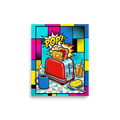 'Pop Goes the Toast' — a Pop art print. A colorful pop art image featuring a red toaster popping toast, a coffee mug, and orange juice against a vibrant grid background, perfect for a kitchen.