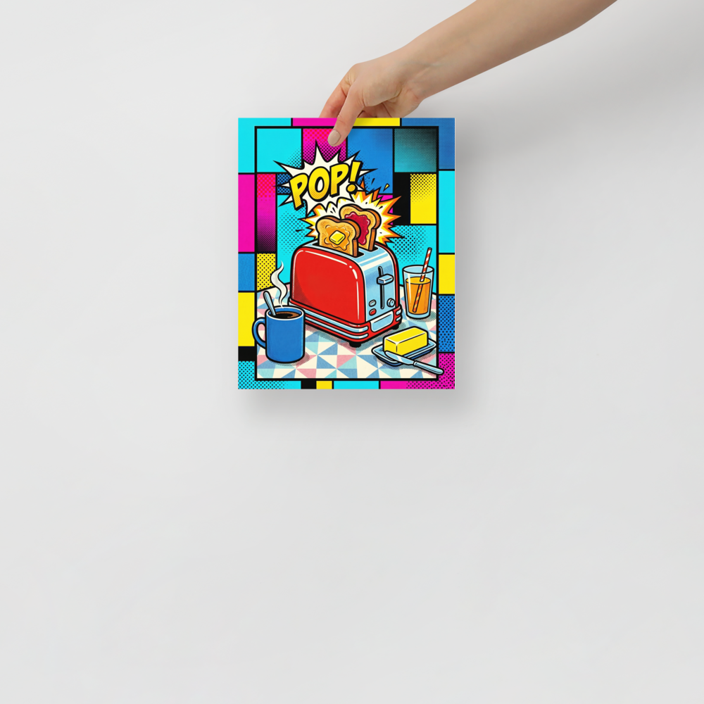 'Pop Goes the Toast' — a Pop art print. A colorful pop art image featuring a red toaster popping toast, a coffee mug, and orange juice against a vibrant grid background, perfect for a kitchen.