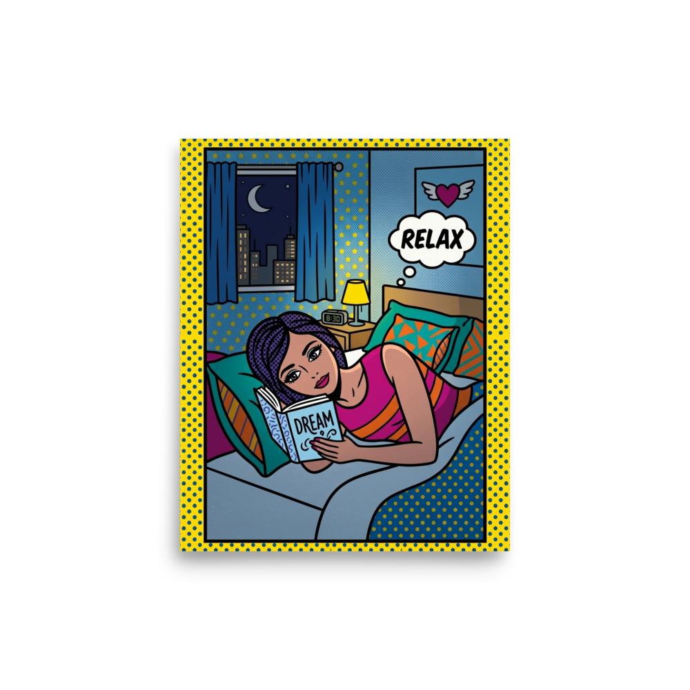'Relax and Dream' — a Pop art print. A comic-style pop art illustration of a woman reading a book titled DREAM in bed, with a thought bubble saying RELAX, perfect for a cozy bedroom.