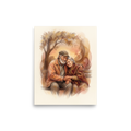 'Autumn Affection' — a Realism print. An elderly couple embraces warmly on a park bench beneath an autumn tree, making this piece a heartwarming addition to a cozy living room.