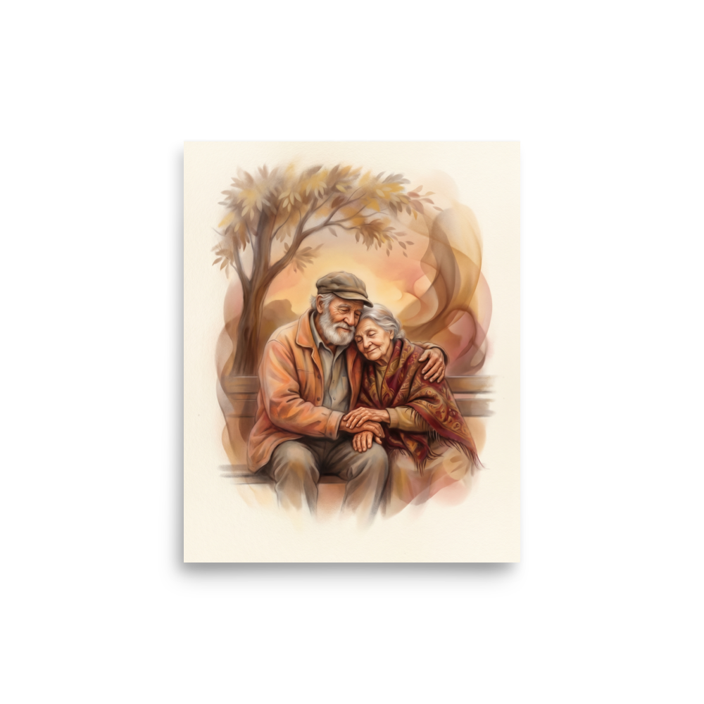 'Autumn Affection' — a Realism print. An elderly couple embraces warmly on a park bench beneath an autumn tree, making this piece a heartwarming addition to a cozy living room.