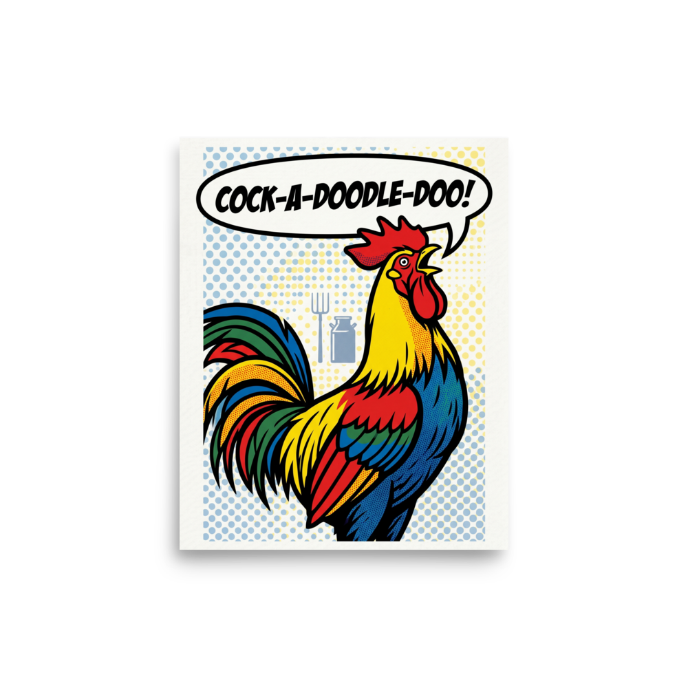 'Morning Call' — a Pop art print. A colorful pop art rooster crowing with a speech bubble saying COCK-A-DOODLE-DOO against a halftone background, perfect for a lively kitchen.