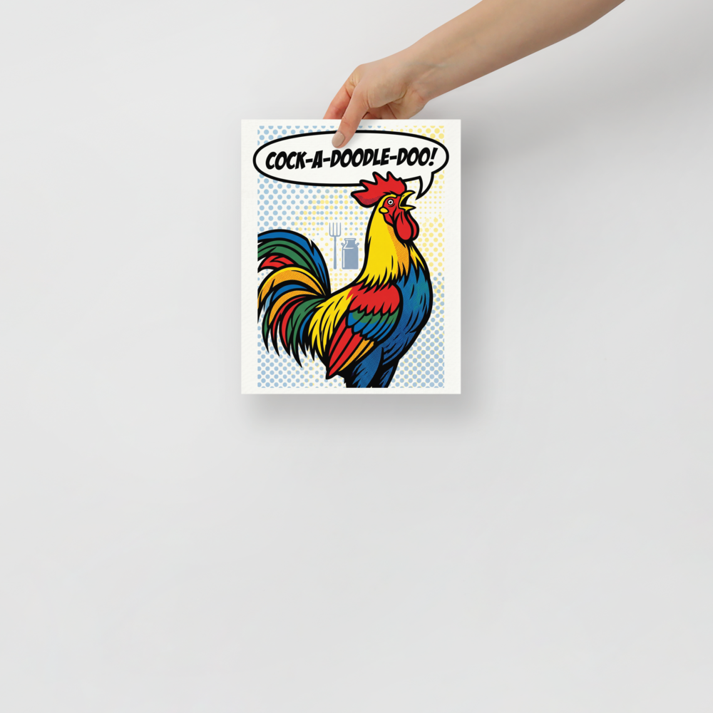 'Morning Call' — a Pop art print. A colorful pop art rooster crowing with a speech bubble saying COCK-A-DOODLE-DOO against a halftone background, perfect for a lively kitchen.