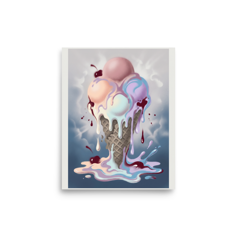 'Melting Pastels' — a Pop art print. A colorful, melting ice cream cone with dripping scoops of pink, blue, and purple, making this a fun addition to a kitchen or dining room.