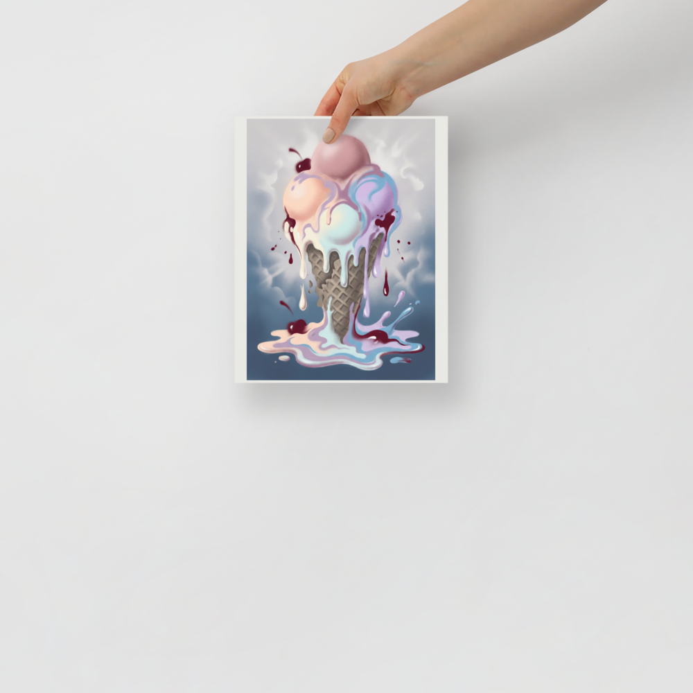 'Melting Pastels' — a Pop art print. A colorful, melting ice cream cone with dripping scoops of pink, blue, and purple, making this a fun addition to a kitchen or dining room.