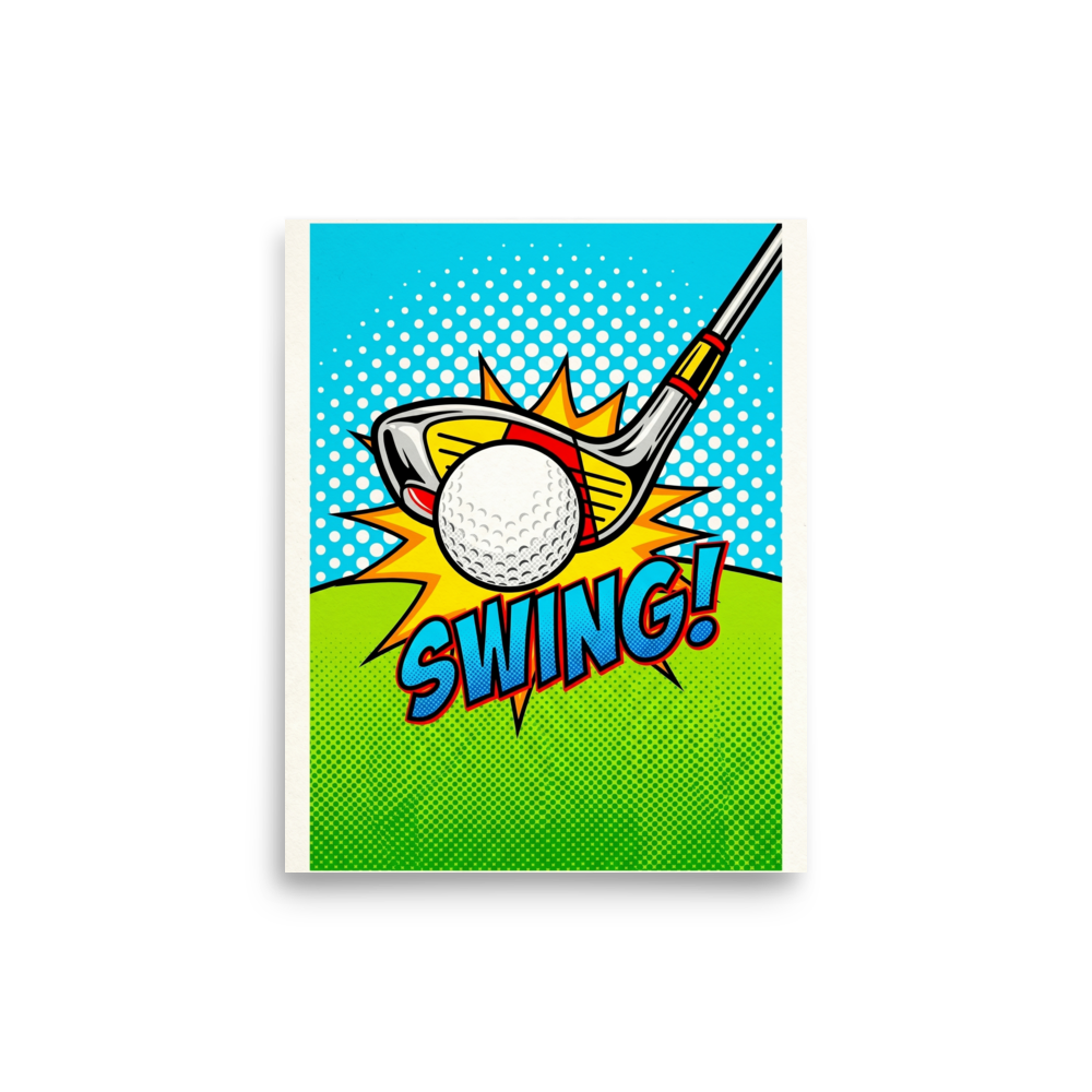 'Comic Swing' — a Pop art print. A colorful pop art image of a golf club hitting a ball with an explosive burst and the word SWING, perfect for a game room.