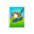 'Comic Swing' — a Pop art print. A colorful pop art image of a golf club hitting a ball with an explosive burst and the word SWING, perfect for a game room.