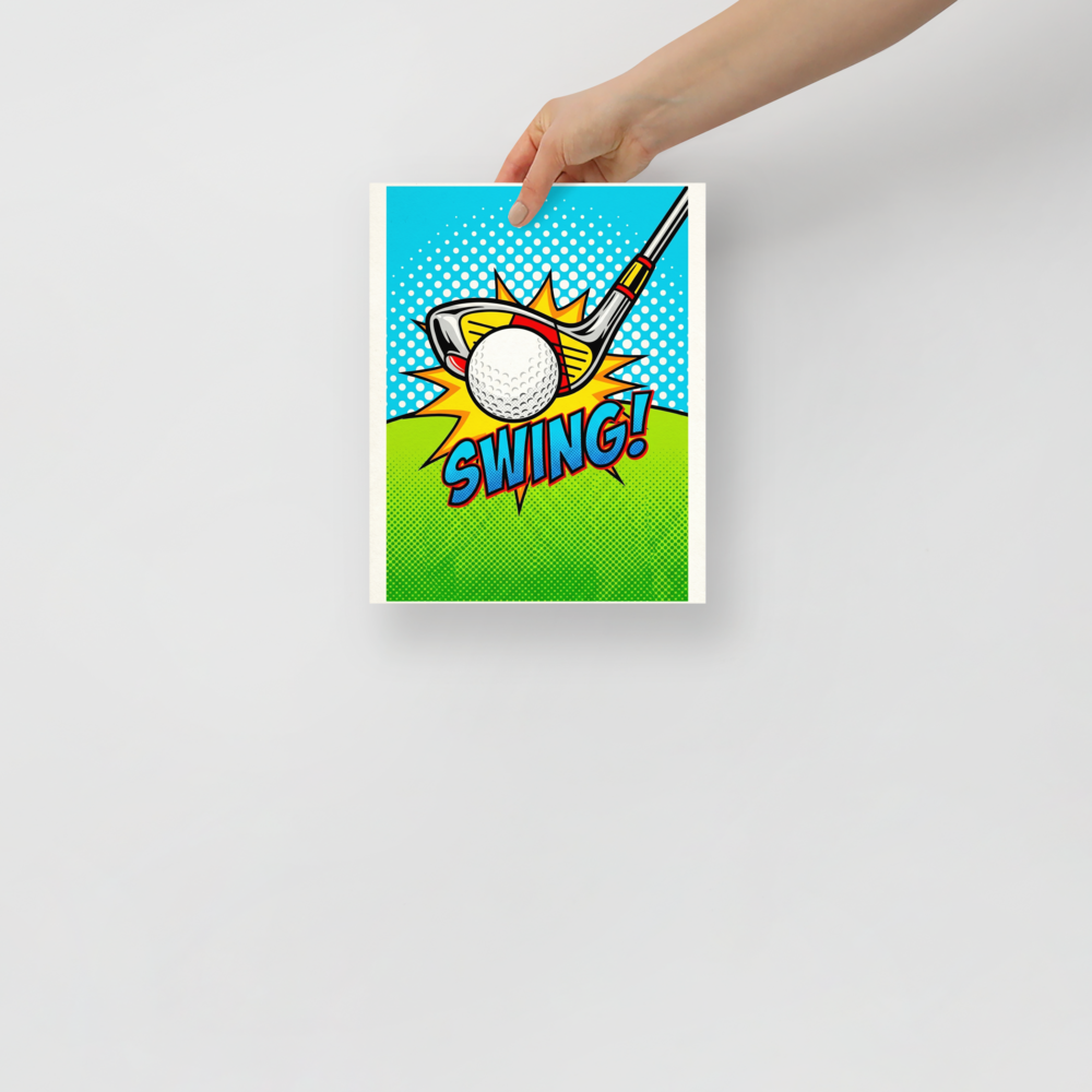 'Comic Swing' — a Pop art print. A colorful pop art image of a golf club hitting a ball with an explosive burst and the word SWING, perfect for a game room.