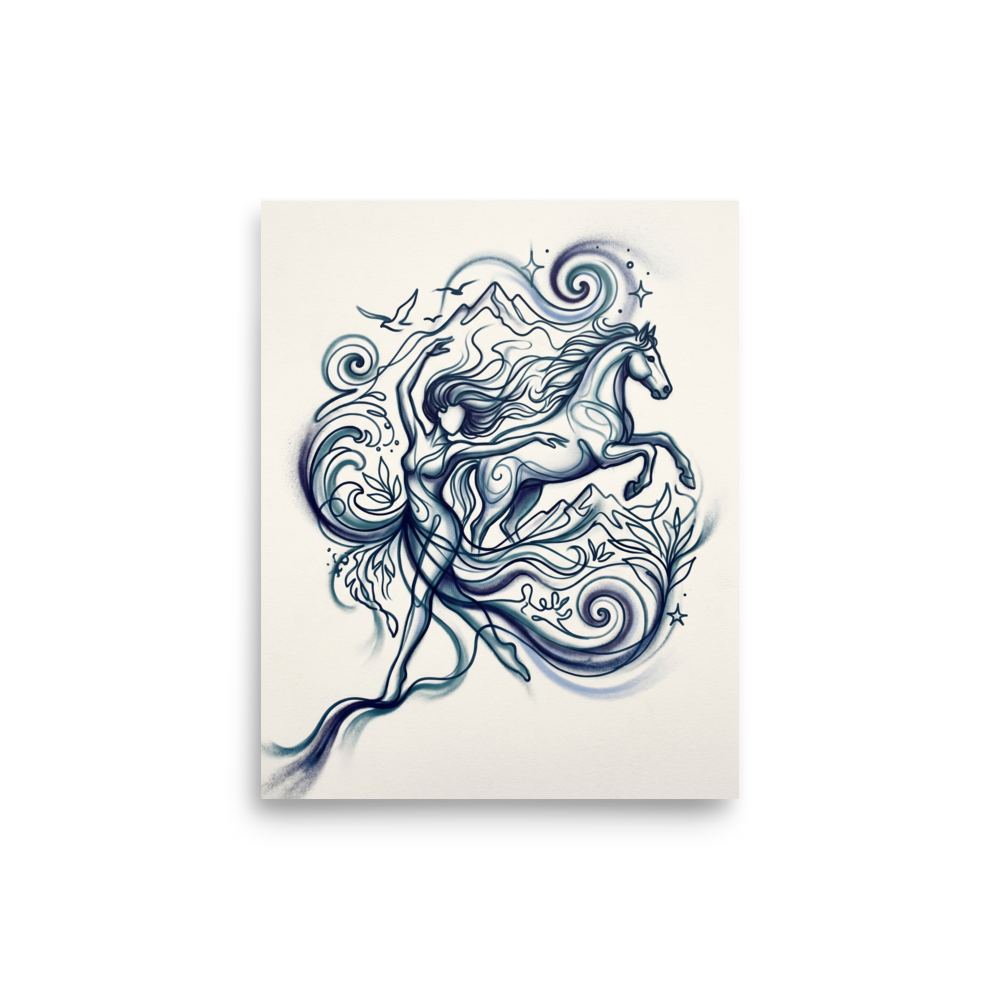 'Wind and Spirit' — a Arabesque,Figurative art print. Flowing airbrushed lines depict a woman dancing alongside a galloping horse, surrounded by mountains and waves, perfect for adding a mystical touch to a bedroom.