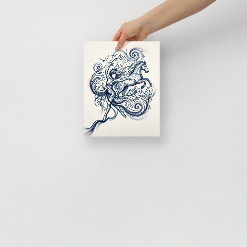 'Wind and Spirit' — a Arabesque,Figurative art print. Flowing airbrushed lines depict a woman dancing alongside a galloping horse, surrounded by mountains and waves, perfect for adding a mystical touch to a bedroom.