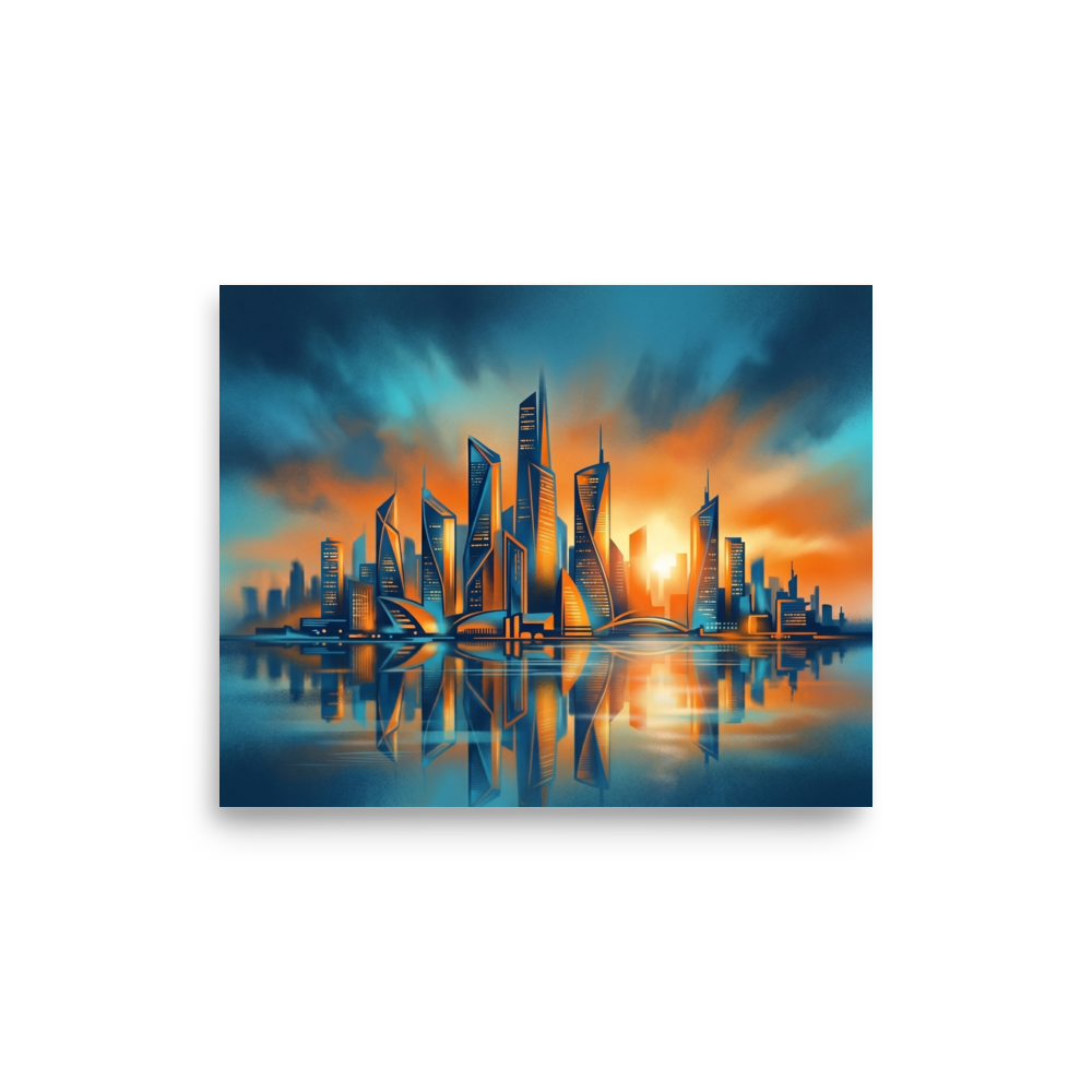 'Golden Hour Metropolis' — a Modernism print. A futuristic city skyline reflecting on water during sunset, adding a touch of modern elegance to an Office.